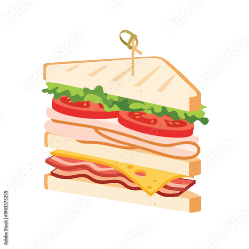 Triple-decker sandwich with lettuce, tomato, ham, cheese, and bacon