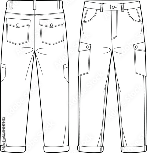 Front and back side of men's cargo pants vector template for fashion illustration sketch