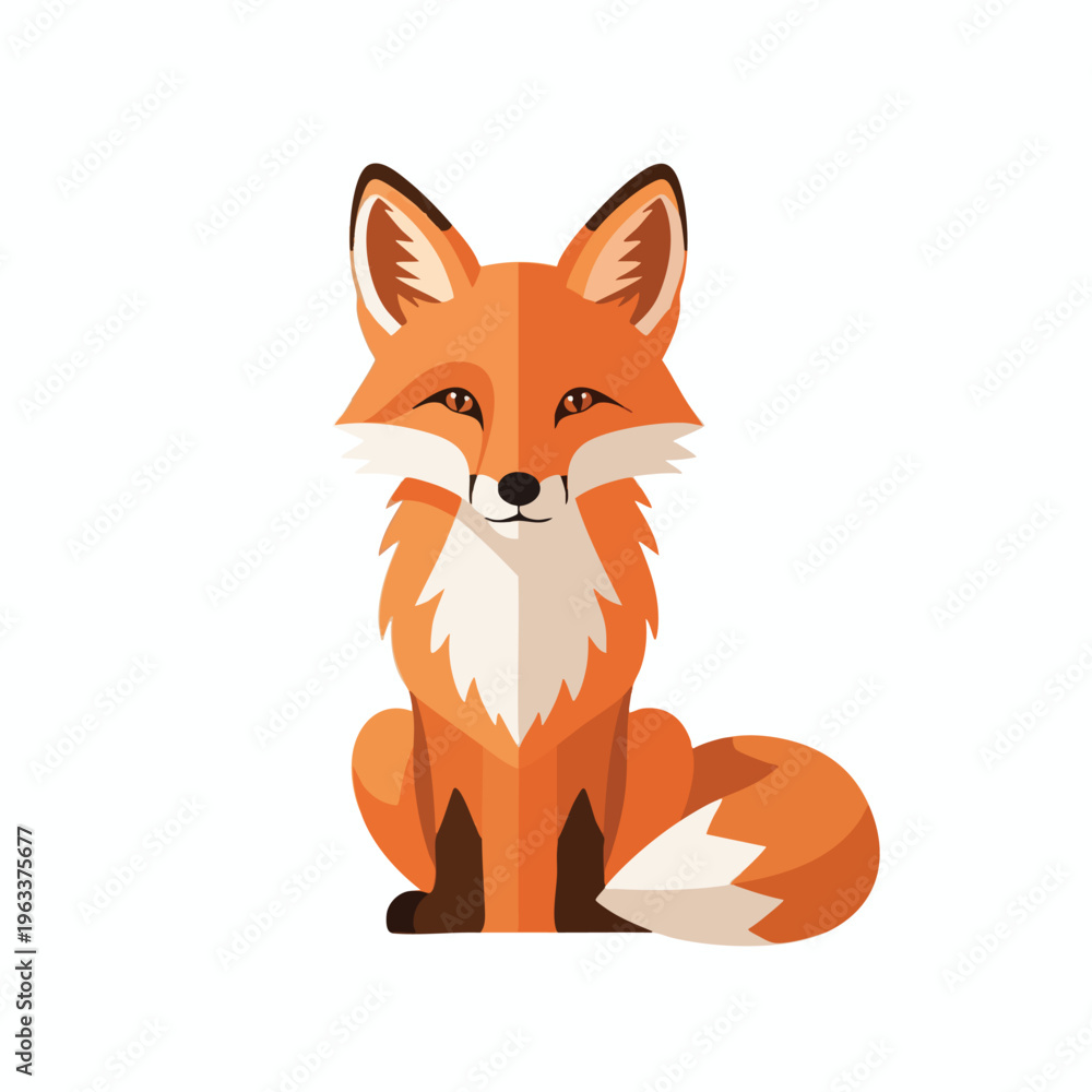 Fototapeta premium A stylized, front-facing fox sits with its bushy tail curled around its body