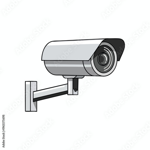 Silver surveillance camera mounted on a wall arm, isolated on white