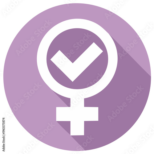 Female gender symbol icon with check mark inside, purple circle and long shadow