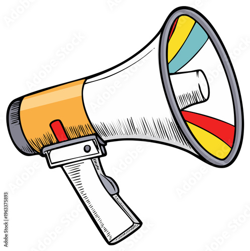 Cartoon drawing of a white megaphone with colorful accents, side view.