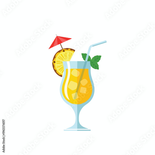 Tall glass with yellow drink, ice, straw, pineapple, mint, and umbrella