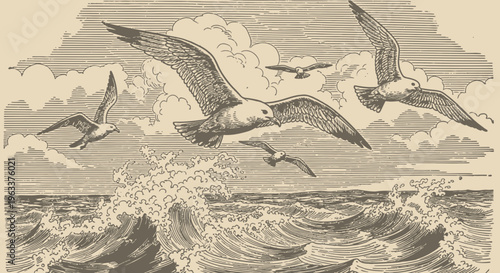 Vintage Engraving Style Illustration of Seagulls Flying Over Rough Ocean Waves