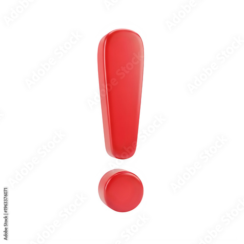 A vibrant red three dimensional exclamation mark symbol representing urgency and attention grabbing isolated on transparent background