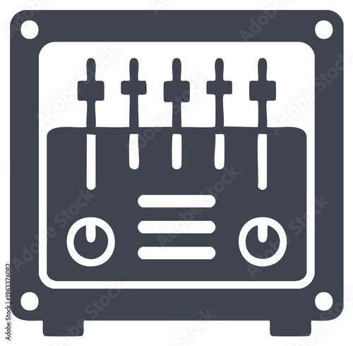 Digital Audio Mixer Console with Faders and Equalizer Controls in Studio Sound Recording Environment
