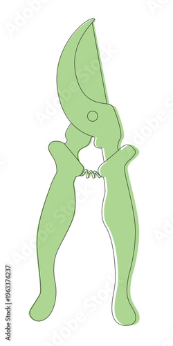 Pruning shears illustration in minimal line art style with green fill. Modern garden tool for trimming plants and branches. Ideal for gardening, agriculture and plant care concepts.