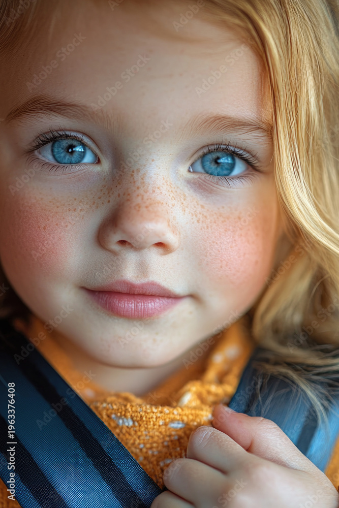Naklejka premium A young girl sits safely secured in a car seat