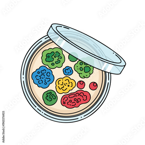 A cartoon petri dish with colorful bacterial colonies and a clear lid