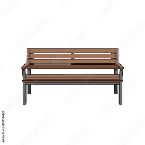 A wooden park bench with dark metal legs, front view, on a white background