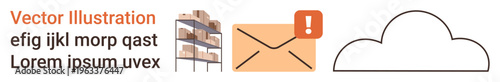 Data management, logistics, notifications, storage solutions, cloud computing, organization. Visual elements include a cloud, an alert envelope and warehouse shelves. Cloud computing