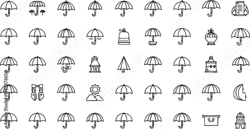 Hand-drawn doodle umbrella and weather icons set. Sketchy outline collection of seasonal, rain, and sun protection symbols.
