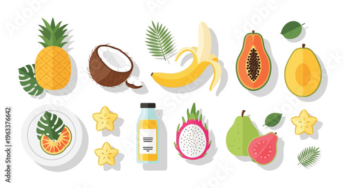 A vibrant flat lay illustration of various tropical fruits including pineapple, coconut, banana, papaya, mango, dragon fruit, guava, and star fruit, with a bottle of juice and leaves.