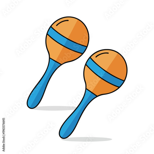 Two colorful cartoon maracas with orange heads and blue handles