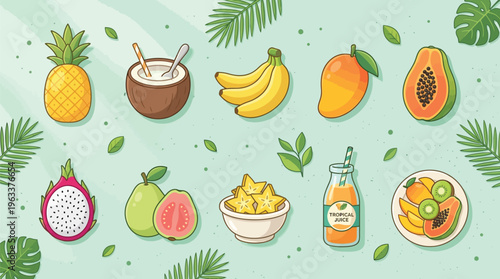 A vibrant collection of tropical fruits and fruit products including pineapple, mango, papaya, banana, dragon fruit, guava, star fruit, coconut, and juice on a leafy background.