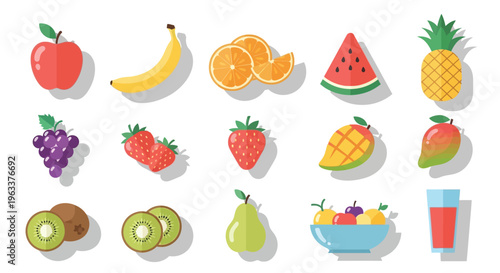 Colorful flat design illustration of various fresh fruits like apples, bananas, oranges, watermelon, pineapple, grapes, strawberries, mangoes, kiwis, and pears, with a fruit bowl and juice.
