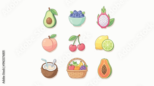 A collection of colorful cartoon fruit icons including avocado, blueberries, dragon fruit, peach, cherries, lemon, coconut, a fruit basket, and papaya.
