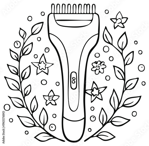 Illustrated electric epilator surrounded by floral and leaf elements