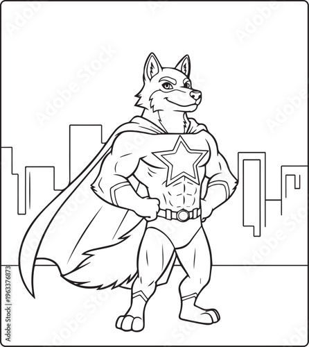 Cute wolf wearing flying dress coloring page for kids, black vector outline illustration for children activity book design