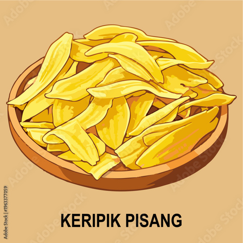 Indonesian Banana Chips Snack (Keripik Pisang) Vector Illustration on Wooden Plate