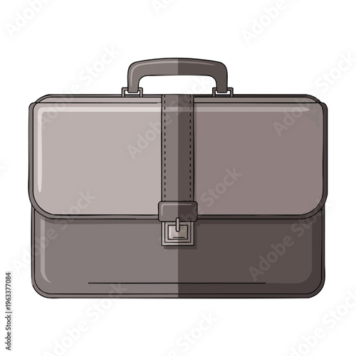 A grey briefcase with a handle and buckle closure on a white background