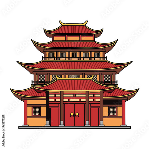 Ornate multi-tiered traditional East Asian building with red curved roofs and ornate double doors
