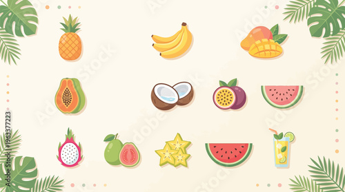 A vibrant collection of tropical fruits and a refreshing drink, illustrated in a flat design style with lush green leaves.