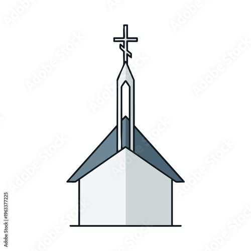Minimalist illustration of a church with a sloped roof and a cross
