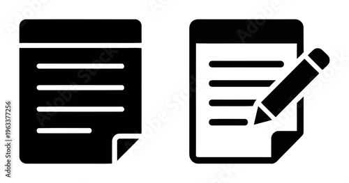 Note icons with pencil and text lines for editing | black vector illustration for documentation and writing | minimalist flat design for business