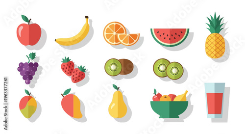 A vibrant collection of various fresh fruits and a glass of juice in a modern flat design style, showcasing healthy eating and natural produce.