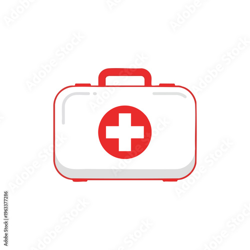 A white medical kit with a red cross on a red circle, featuring a red handle