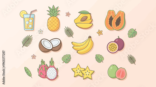 A collection of colorful tropical fruits and a glass of juice in a flat design style on a light background.