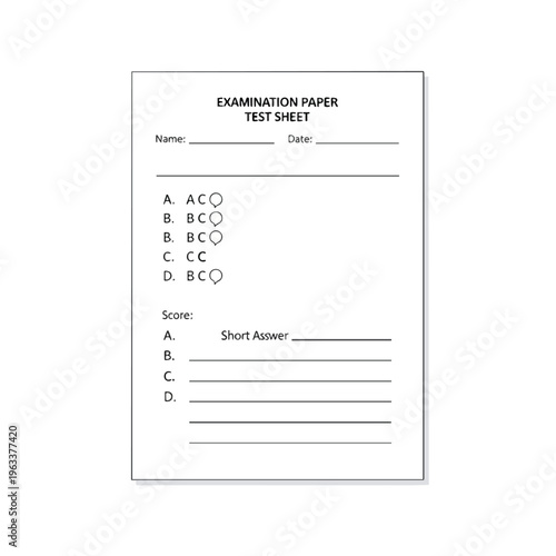 Examination paper test sheet with multiple choice and short answer sections