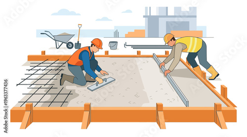 Professional Construction Workers Pouring and Leveling Concrete Foundation on Building Site Illustration
