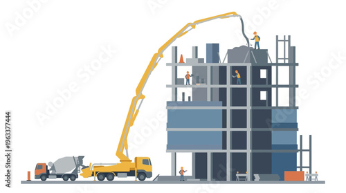 Flat Vector Illustration of Concrete Pump Truck Pouring Cement at Building Construction Site with Workers
