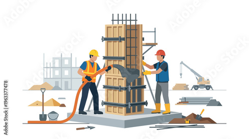 Construction Workers Pouring Concrete into Pillar Formwork Vector Illustration