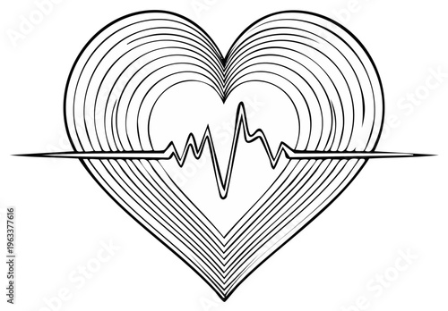 Abstract heart shape with pulsing cardiogram line in black and white line art
