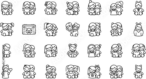 Cute Line Art Women and Girlfriends Icons Set. Simple vector outlines depicting female friendships, relationships, and couple love, perfect for modern design and LGBTQ themes.