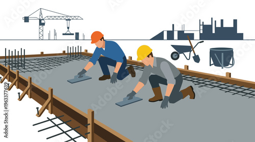 Construction Workers Smoothing Concrete Foundation on Building Site Flat Vector Illustration
