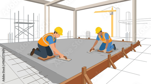 Construction Workers Smoothing Fresh Concrete Foundation on Building Site Vector Illustration