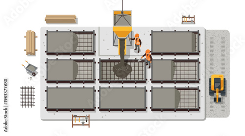 Flat Vector Illustration of Construction Site Workers Pouring Concrete into Foundation Molds for Building Infrastructure and Urban Development