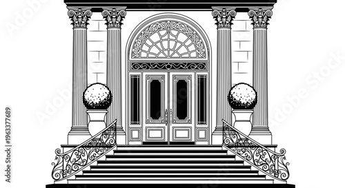 Large ornate building entrance with columns.