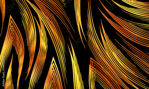 Black and gold abstract feathered line pattern background. luxury organic curve.