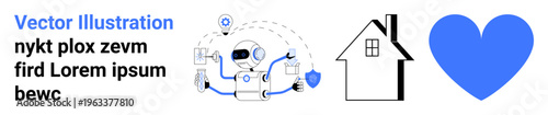 Smart home technology, AI assistants, cybersecurity, data privacy, home safety, connected devices. Robot managing security systems with shield and symbols, house and heart icon. Smart home technology