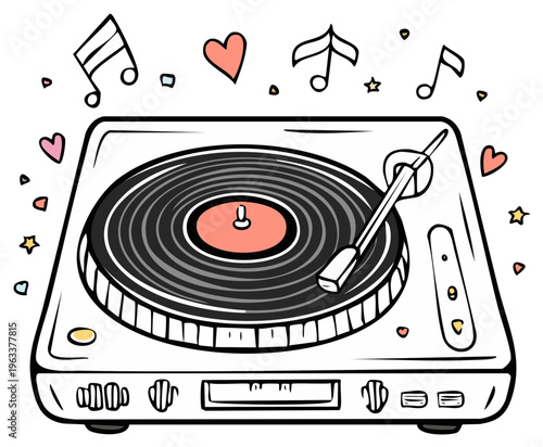 Hand drawn sketch of a turntable with hearts and music notes creating a musical illustration