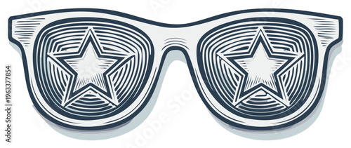 Eyeglasses with Star Reflections, Stylized Graphic Design, Engraved Vector Illustration