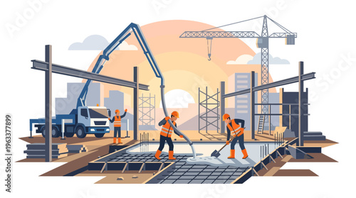 Construction Site with Workers Pouring Concrete Foundation, Pump Truck and Tower Crane at Sunset