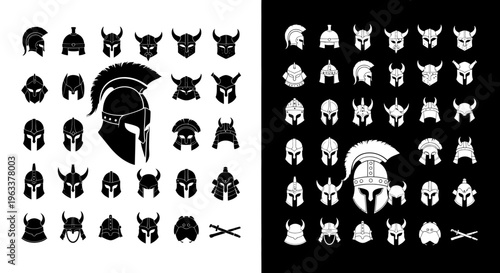 Set of Ancient Warrior Helmet Icons and Spartan Headgear Symbols