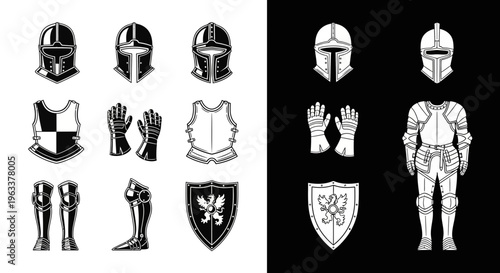 Medieval Knight Armor Set Icons and Full Suit Illustration