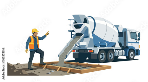 Flat Vector Illustration of a Construction Worker Directing a Concrete Mixer Truck Pouring Cement Foundation on White Background